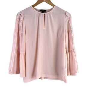 J.Crew Silk Embroidered Bell-Sleeve Top‎ Blouse Keyhole Neck Light Pink, Size 0